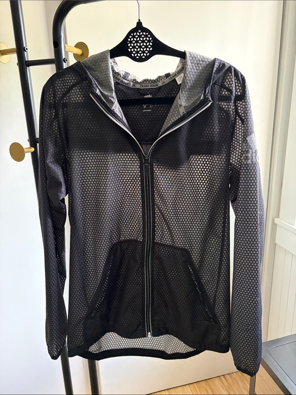 Adidas Climastorm Black Mesh Zip-Up Hooded Utility Jacket Sz S